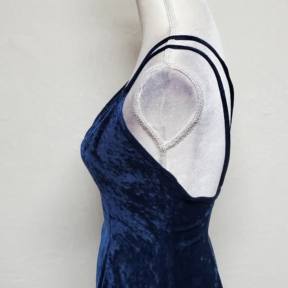 Vintage Petra Fashions Blue Crushed Velvet Double Strap Fit & Flare Mini Dress L - Picture 10 of 15